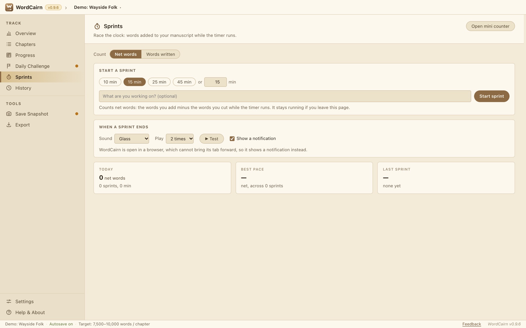 The Sprints page with timer options, a sprint log and the end-of-sprint alarm settings